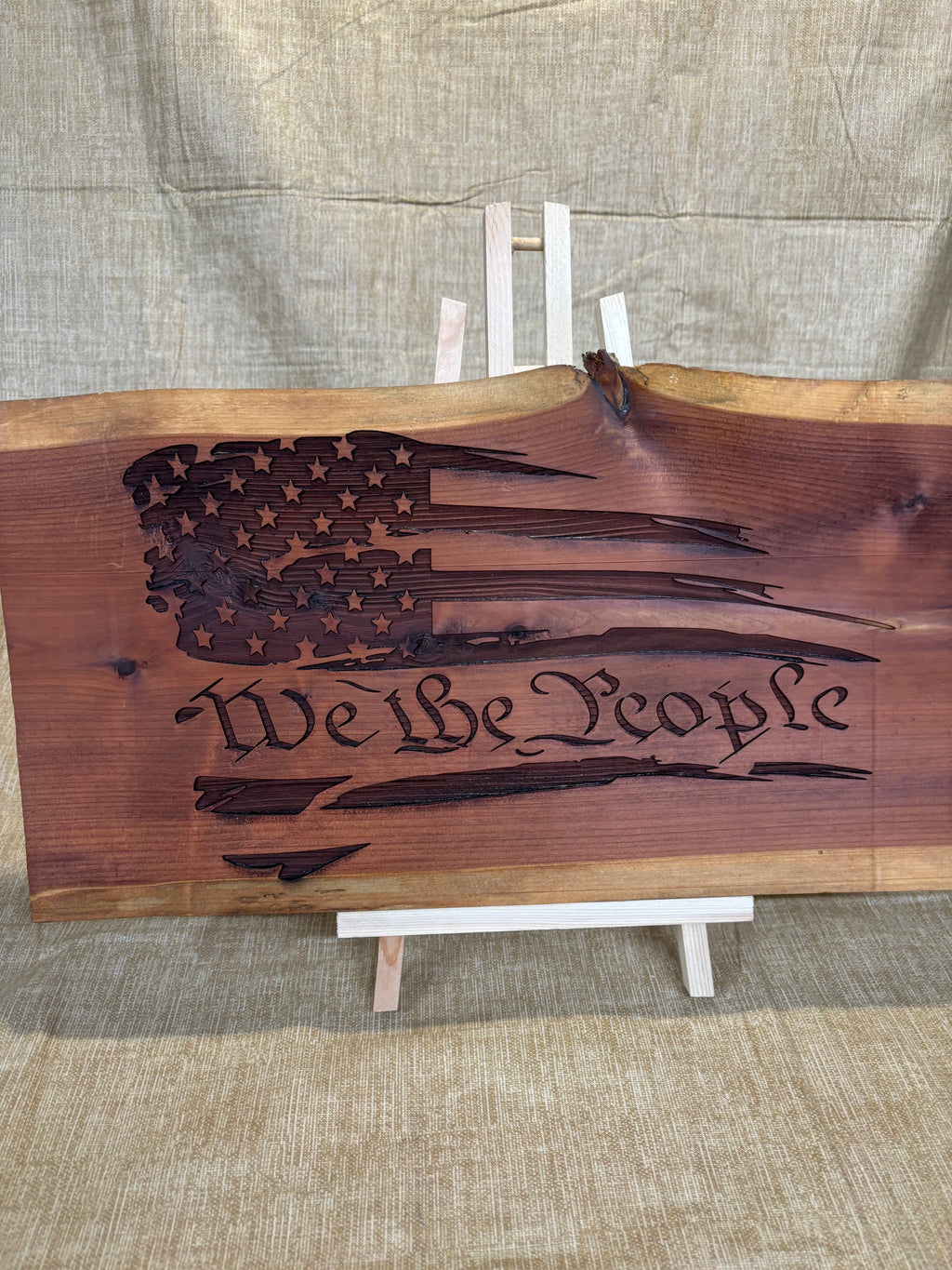 Patriotic signs on cedar