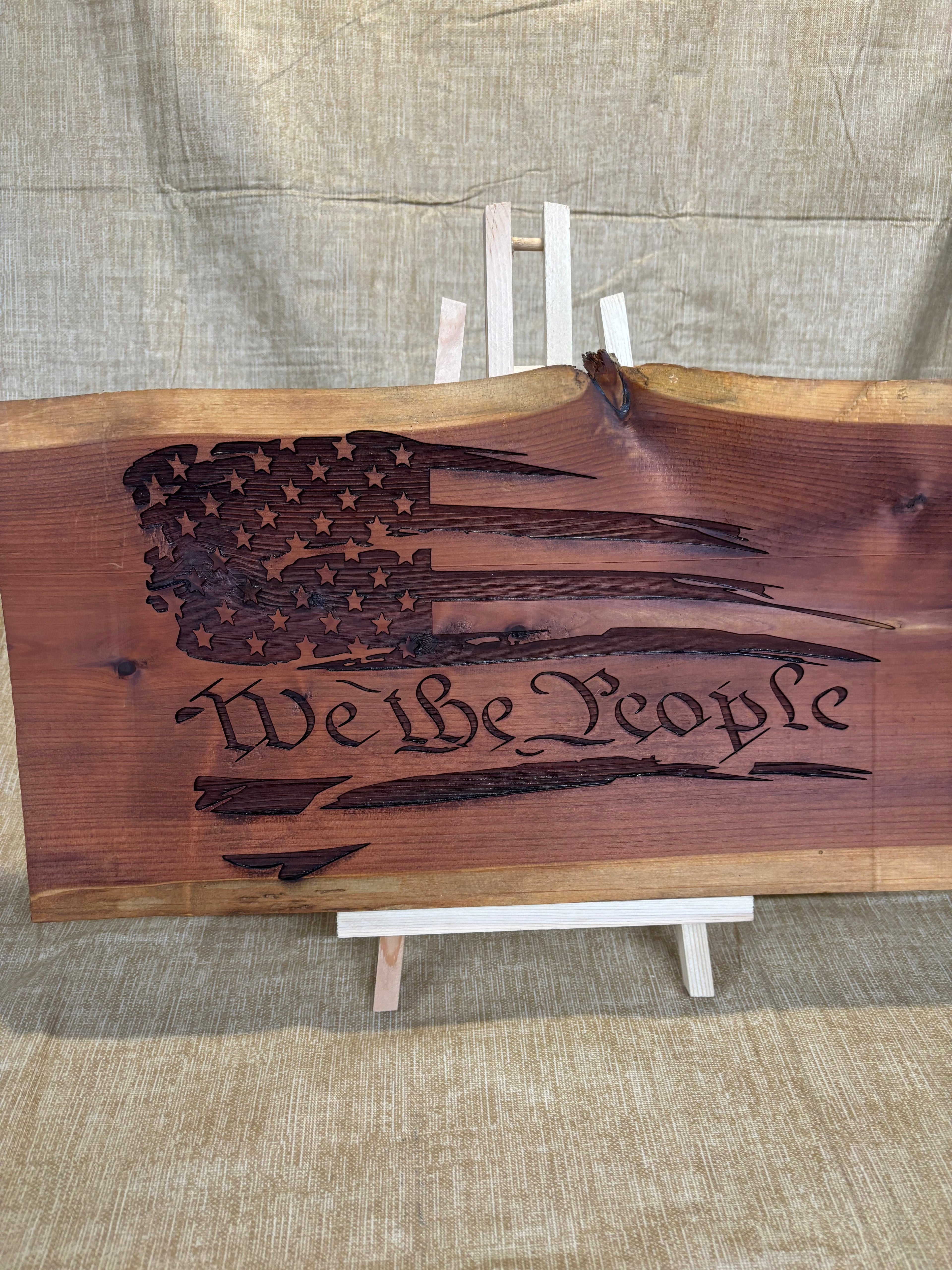 Patriotic signs on cedar